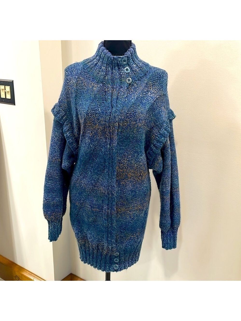 Wool blend ruffle sleeve cardigan duster blue multi color size M